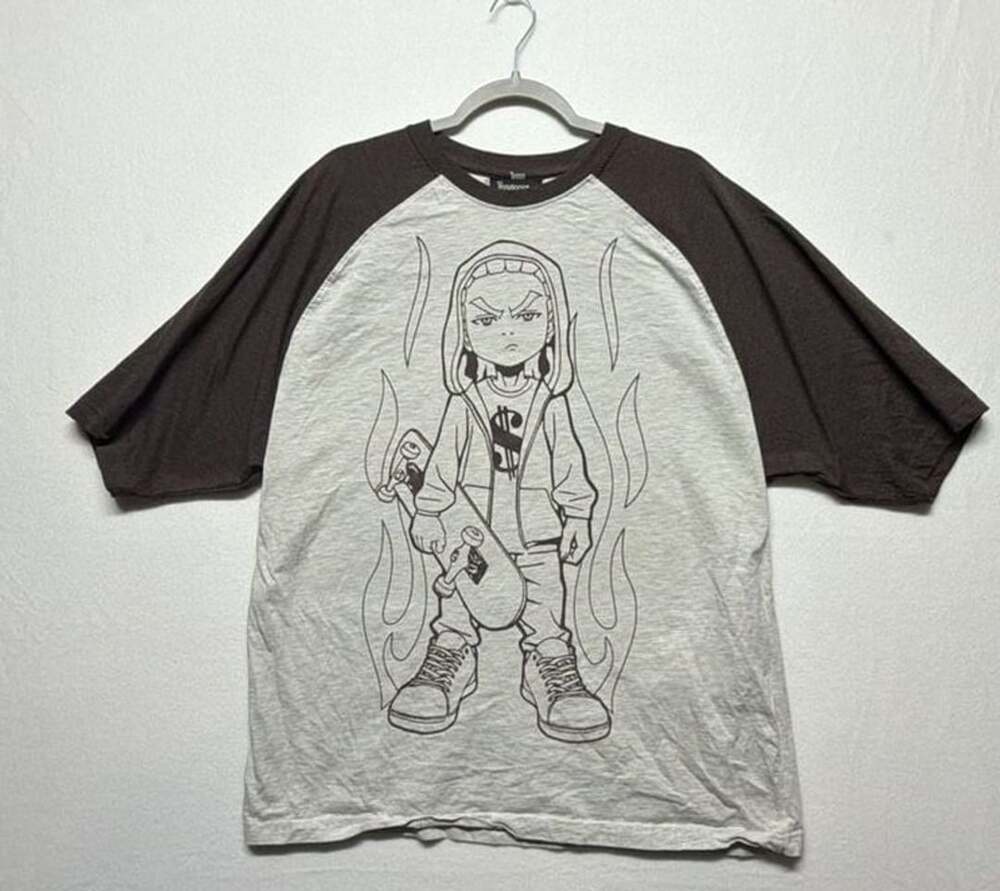 0120 The Boondocks Riley Skater T-Shirt Size Large Brown Oatmeal Raglan